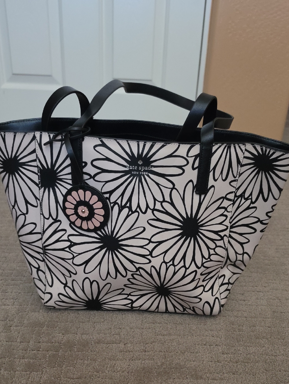 kate spade Black & White Daisy Tote with Pink Flower Charm